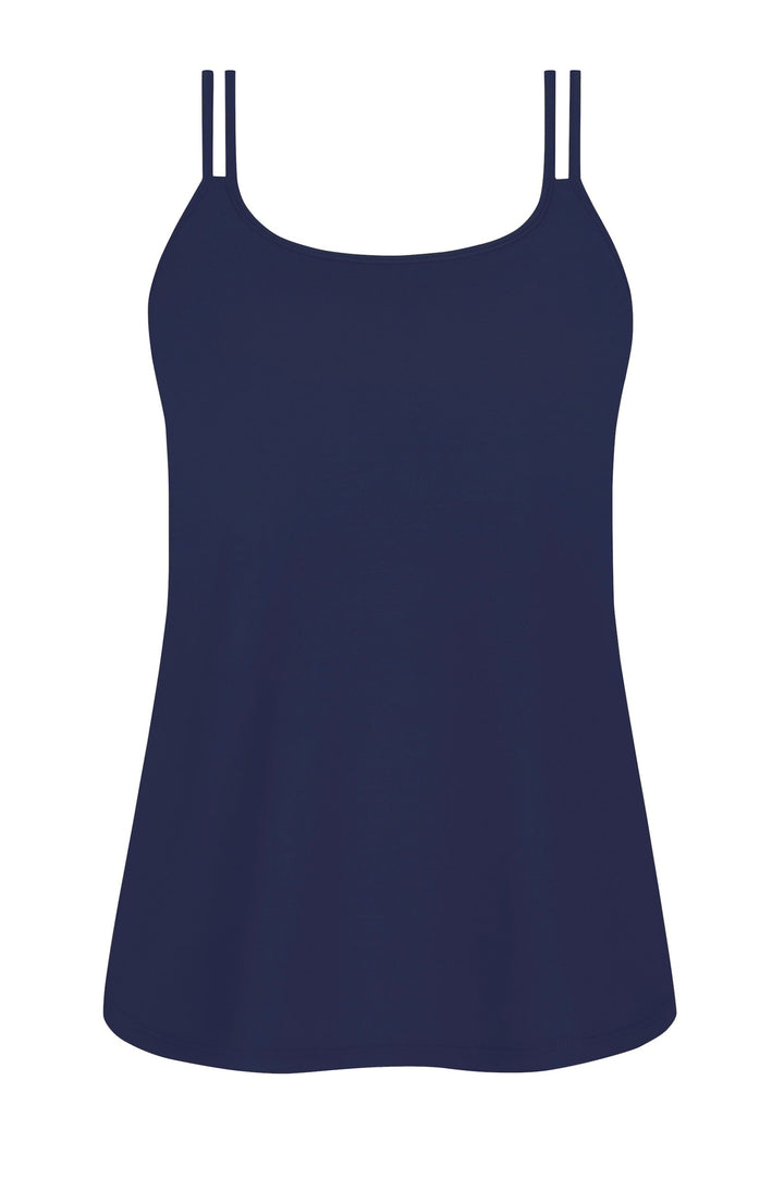 Navy blue tank top with thin straps on a white background