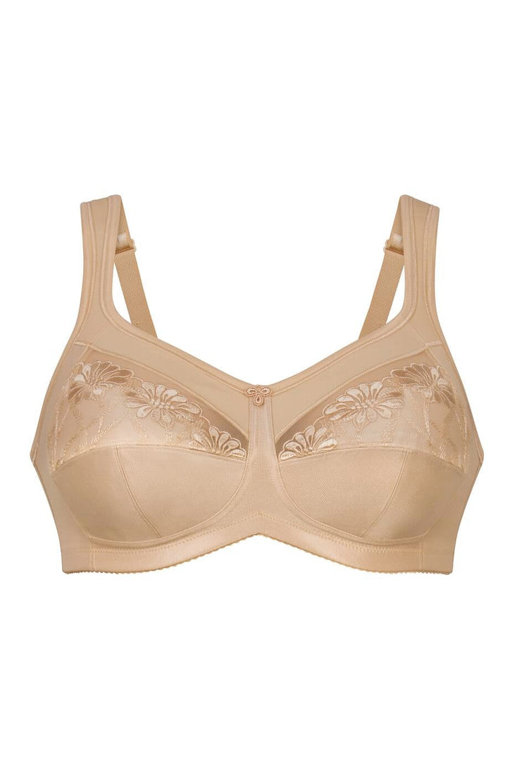 Beige bra with lace details on a white background