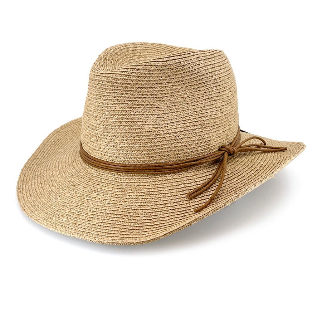 Beige straw hat with a brown band on a white background