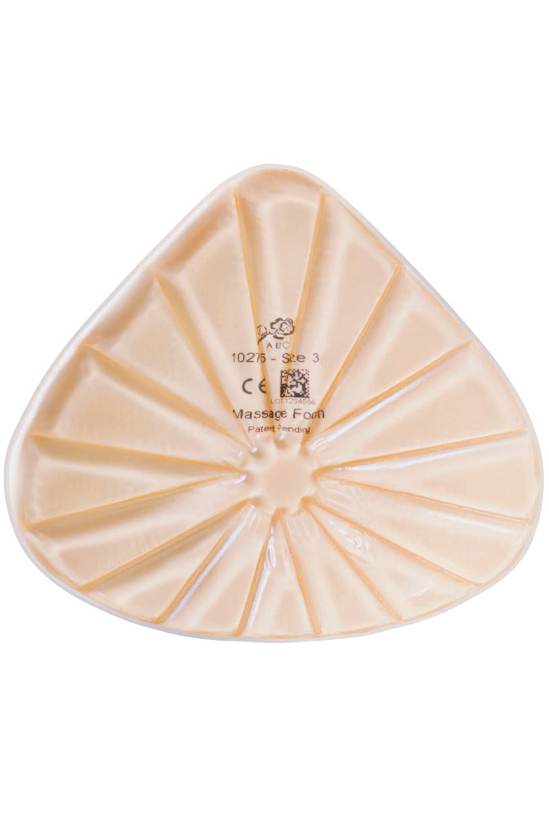 Triangular beige massage breast form with branding and certification logos on a white background