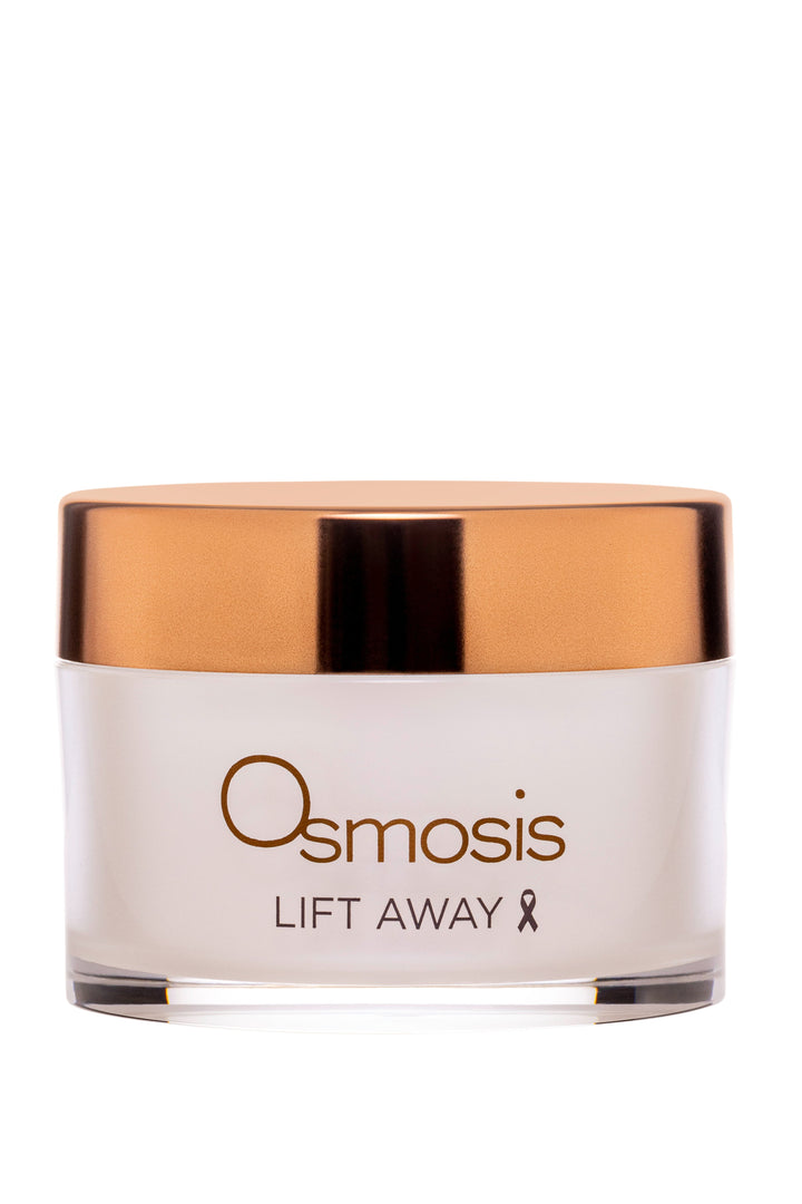 Osmosis Lift Away skincare product jar with gold lid on a white background