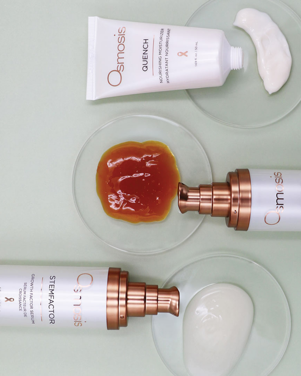 Osmosis skincare products on a light green background