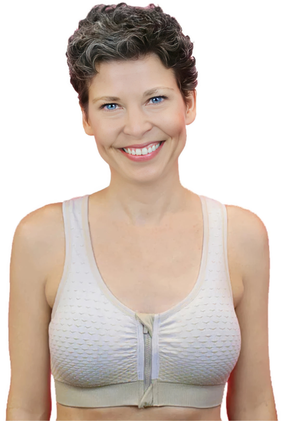 Woman wearing a beige bra on a white background